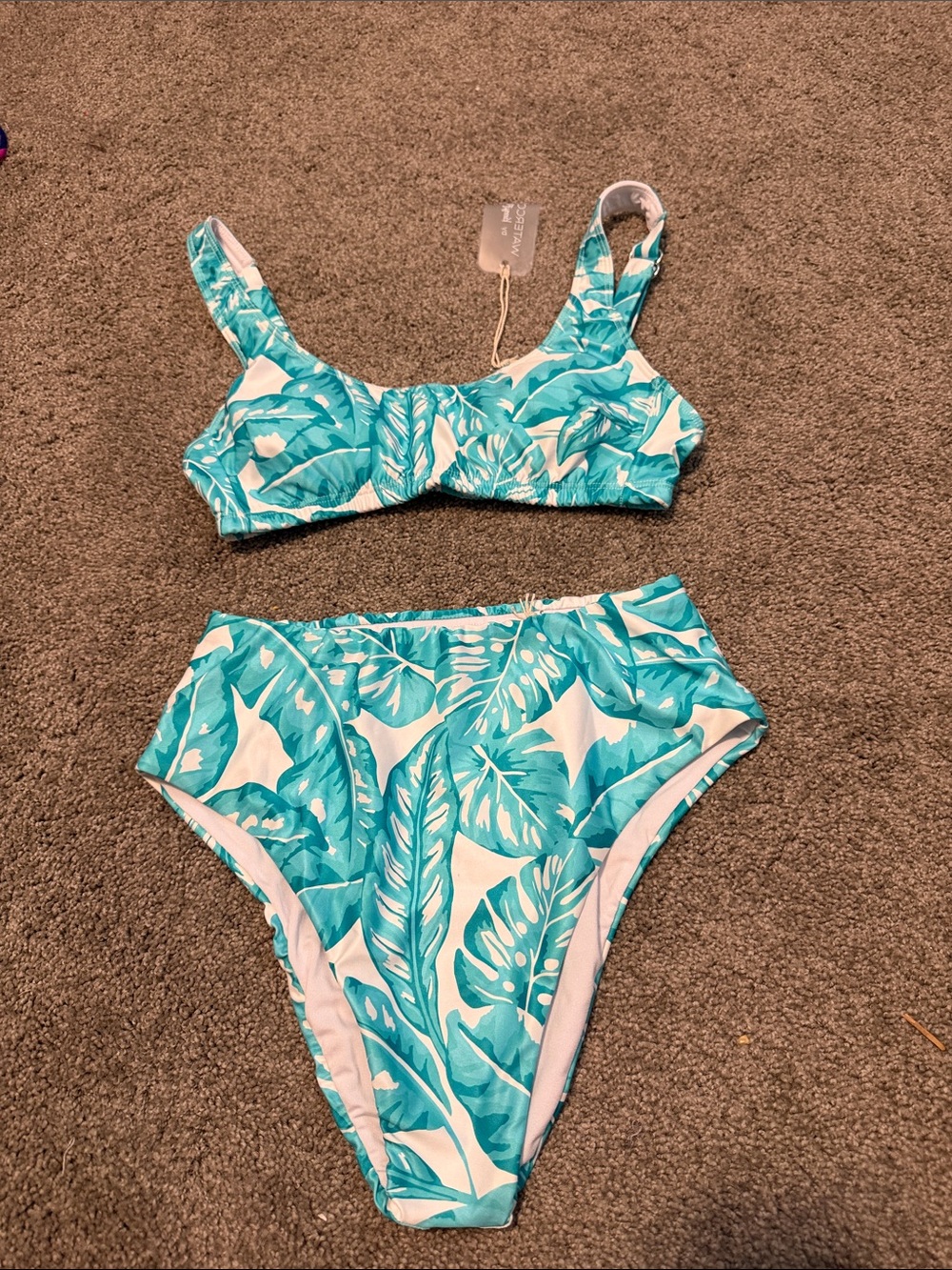 Watercolors by Kenny Flowers Turquoise Leaf Print High-Waist Bikini Set